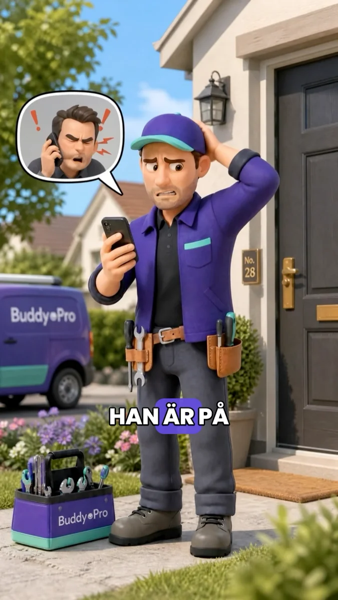 Animerad film där en BuddyPro-medarbetare i lila arbetskläder står med mobilen i handen framför en BuddyPro-bil.